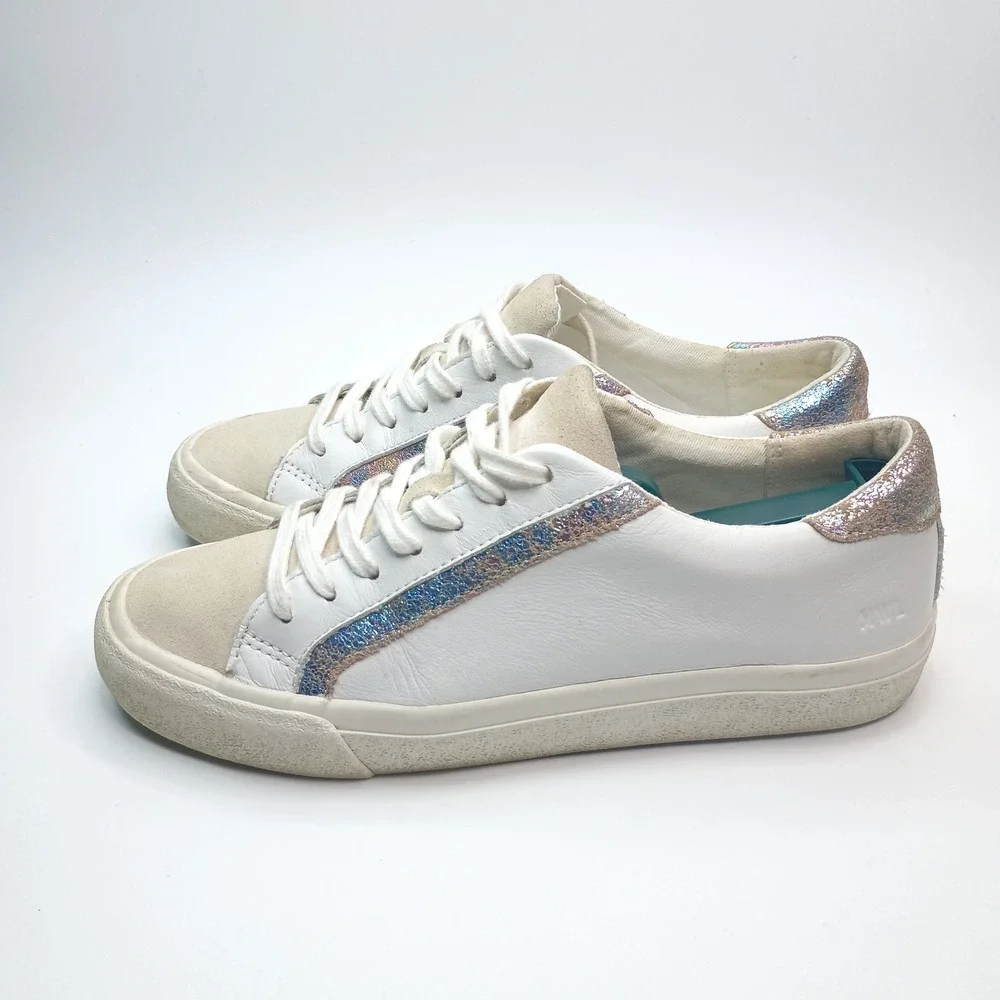 Madewell Sidewalk Low Top Sneakers White Leather Iridescent Glitter MB856 Sz 7.5